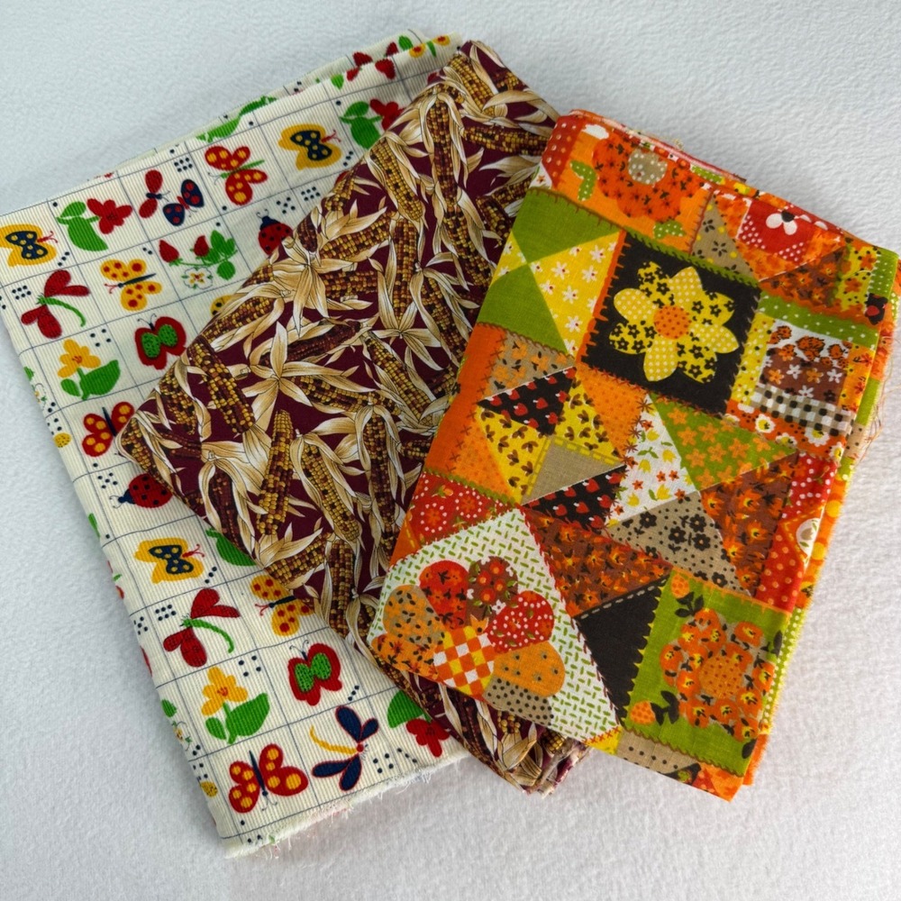Vintage Cotton Fabric Remnant Bundle 70s Corn Retro Patchwork Floral 3 Pieces
